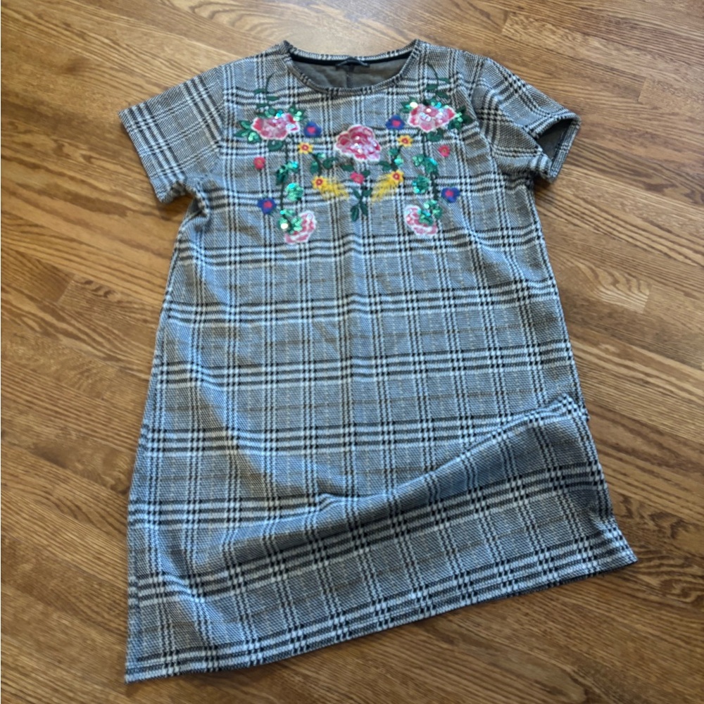 Zara Gray Plaid Dress with Pink Floral Embroidery